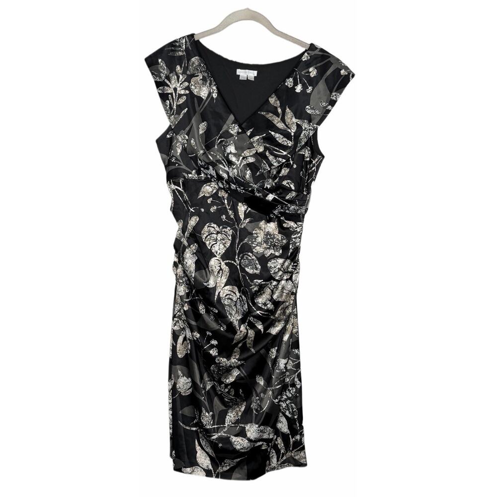 NWT LONDON TIMES Satin Collared Ruched Dress Sz 14 Black White Floral Rose